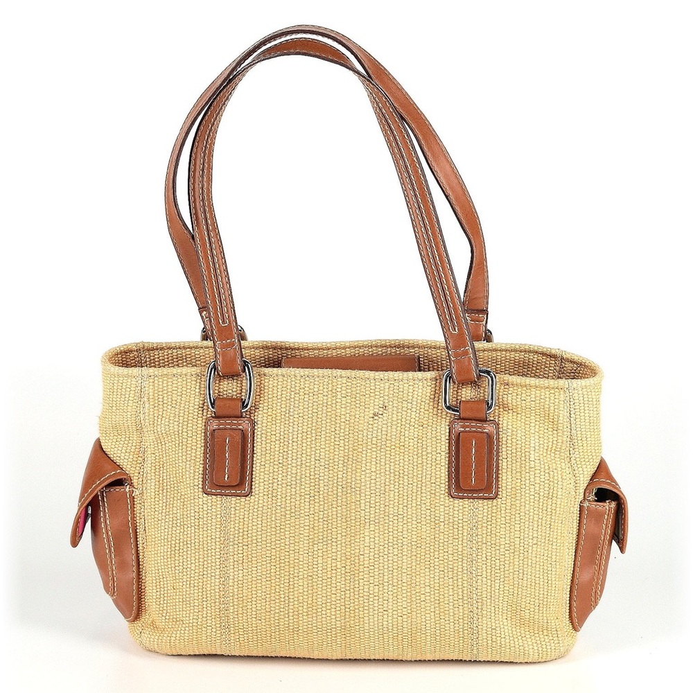 vintage classic Fossil woven straw and leather tote bag brown leather trim